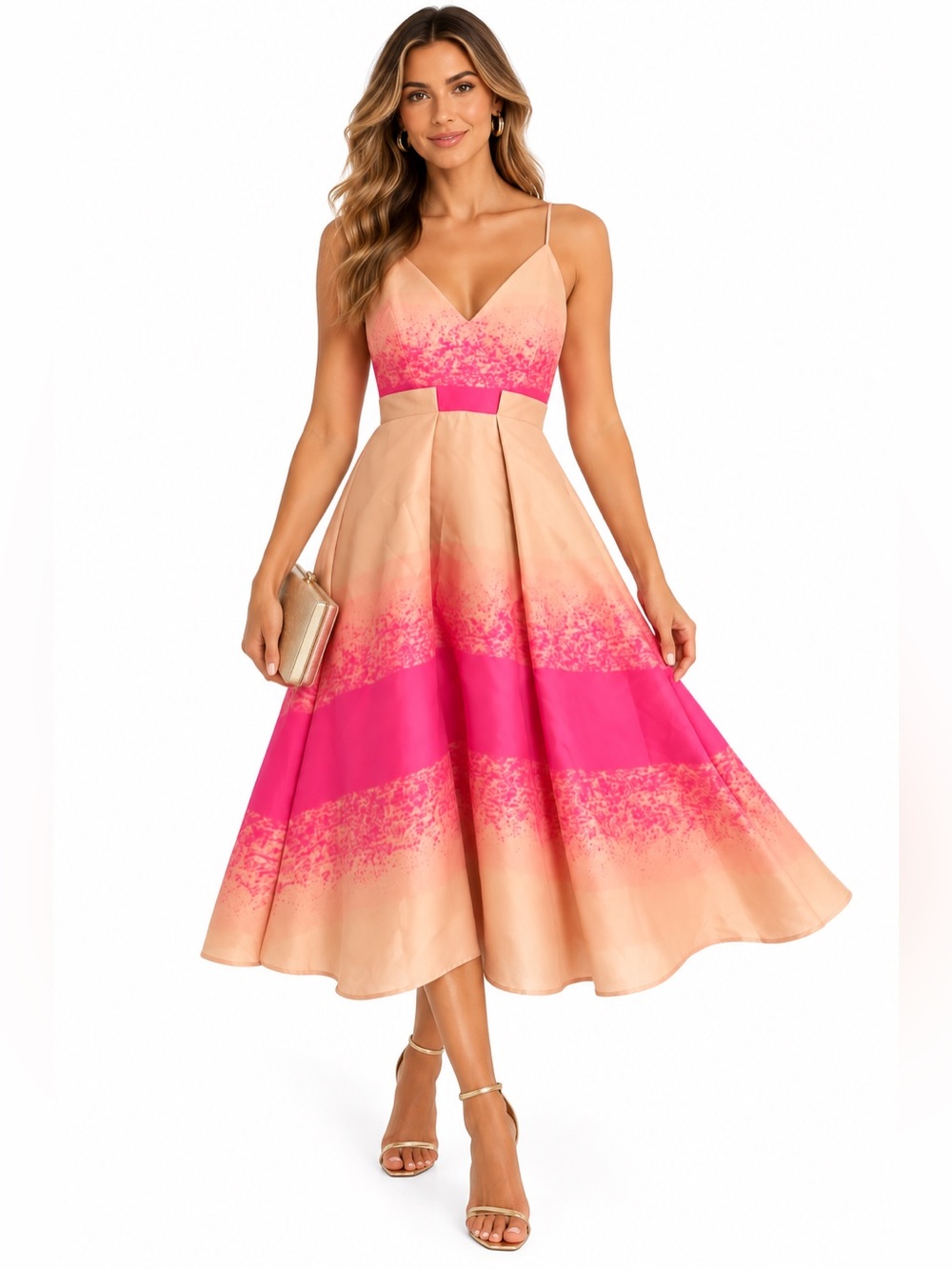 Badgley Mischka Collection Fuchsia Multi Fit & Flare Midi Dress Size 2 NWT